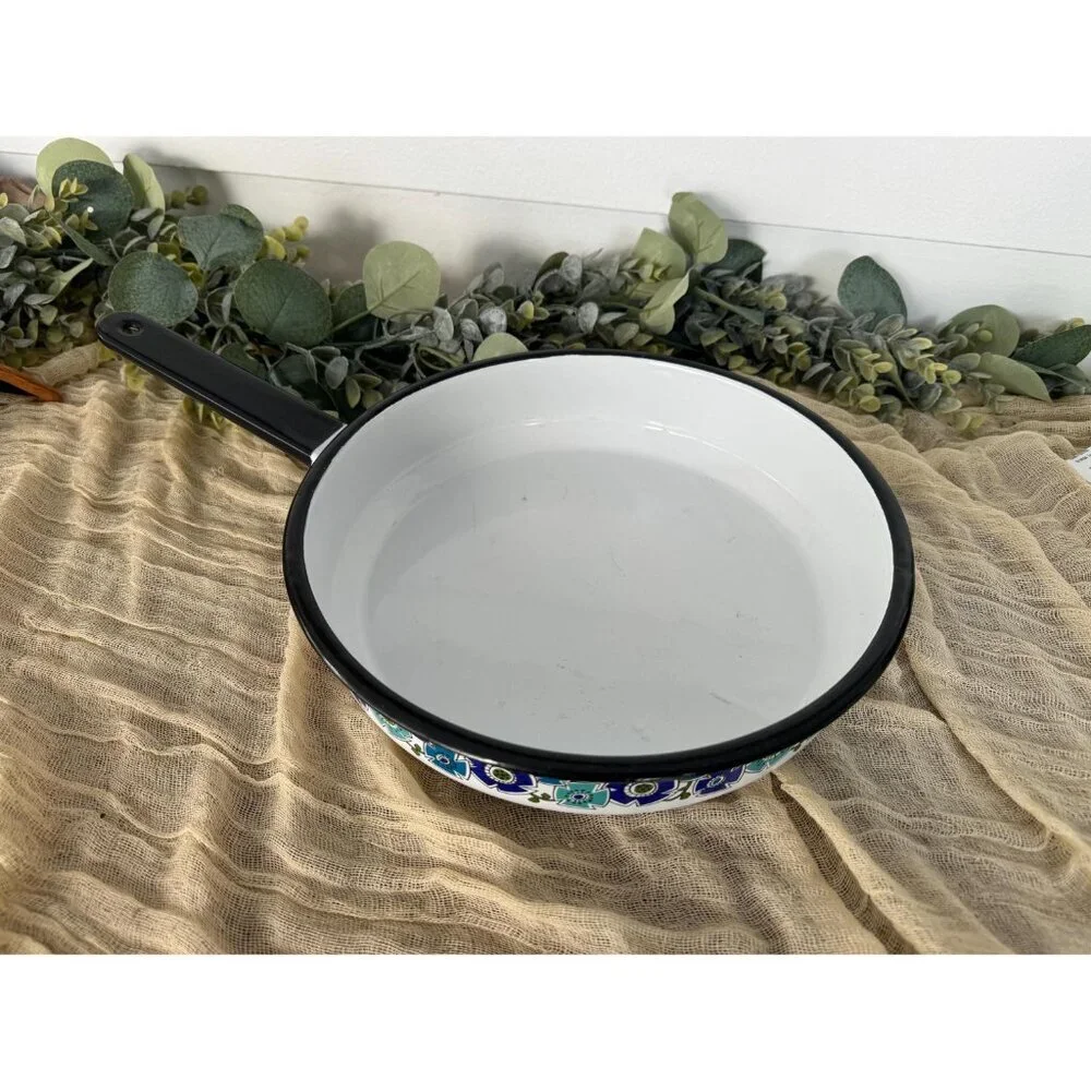 70’s Laguna Blue National Silver Company enameled‎ porcelain pan floral cookware